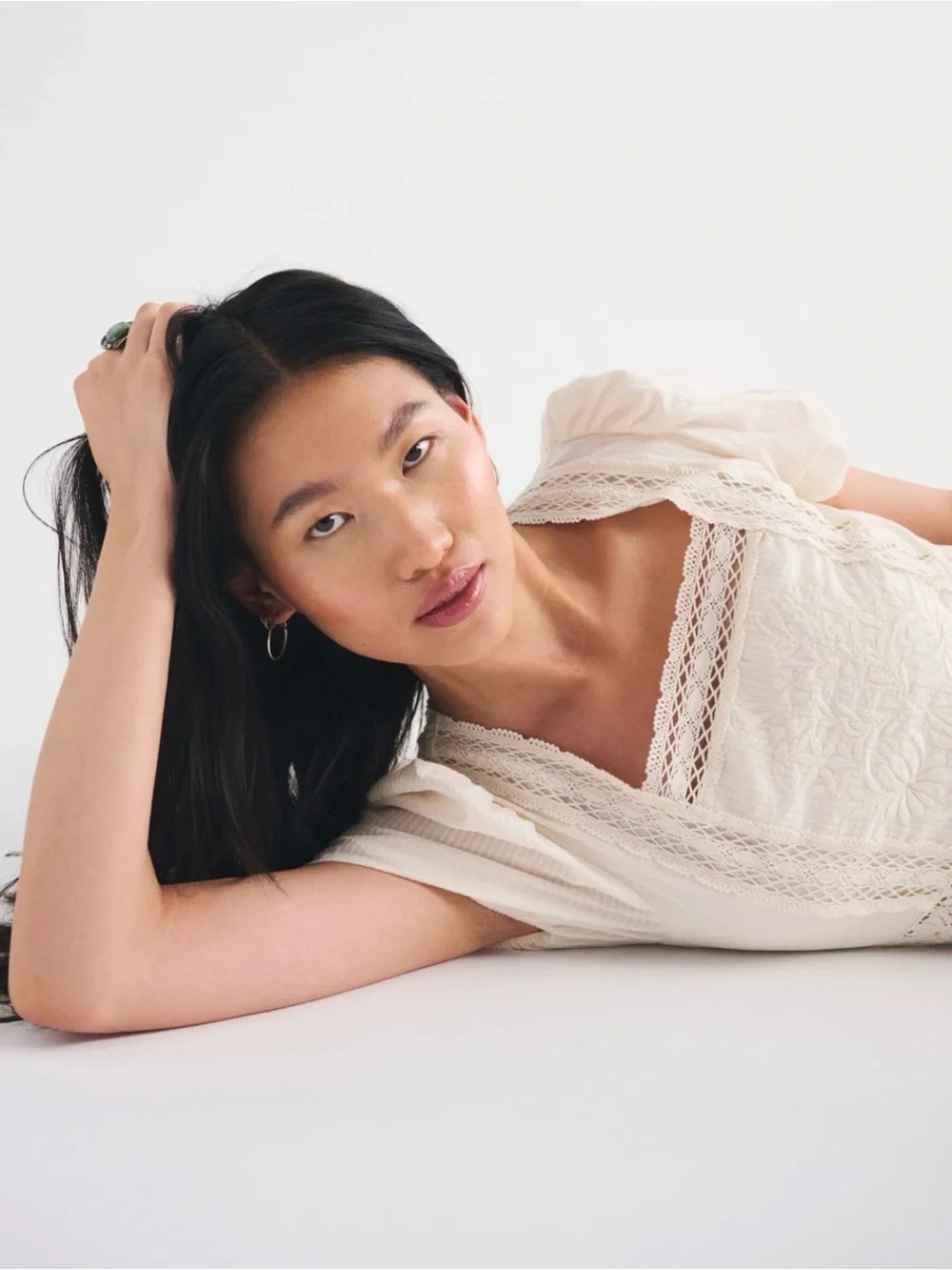 Abercrombie & Fitch Cream Puff Sleeve Lace Maxi Dress